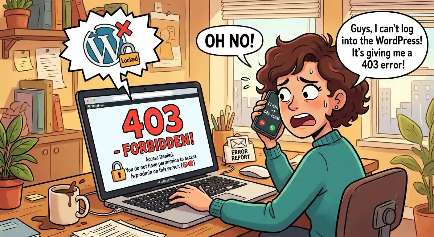 A cartoon of a stressed woman looking at a laptop screen displaying a prominent "403 Forbidden - Access Denied" error page. She holds a phone to her ear with a speech bubble saying she can't log into WordPress due to the 403 error, while a thought bubble shows a locked, broken WordPress logo.