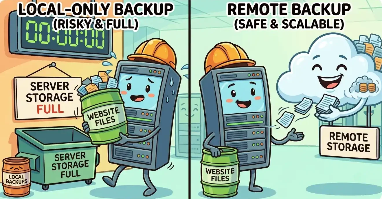 image showing the difference in having on site backups vs off site backups for your website.