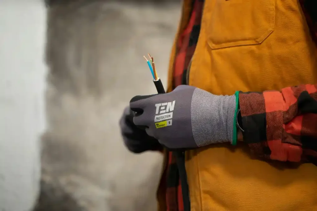 Electrician wearing TEN Protection safety gloves handling electrical cable