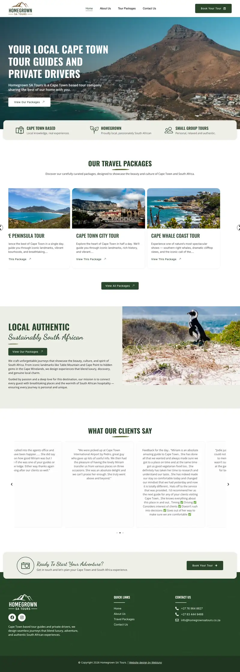 Homegrown SA Tours website design, full page