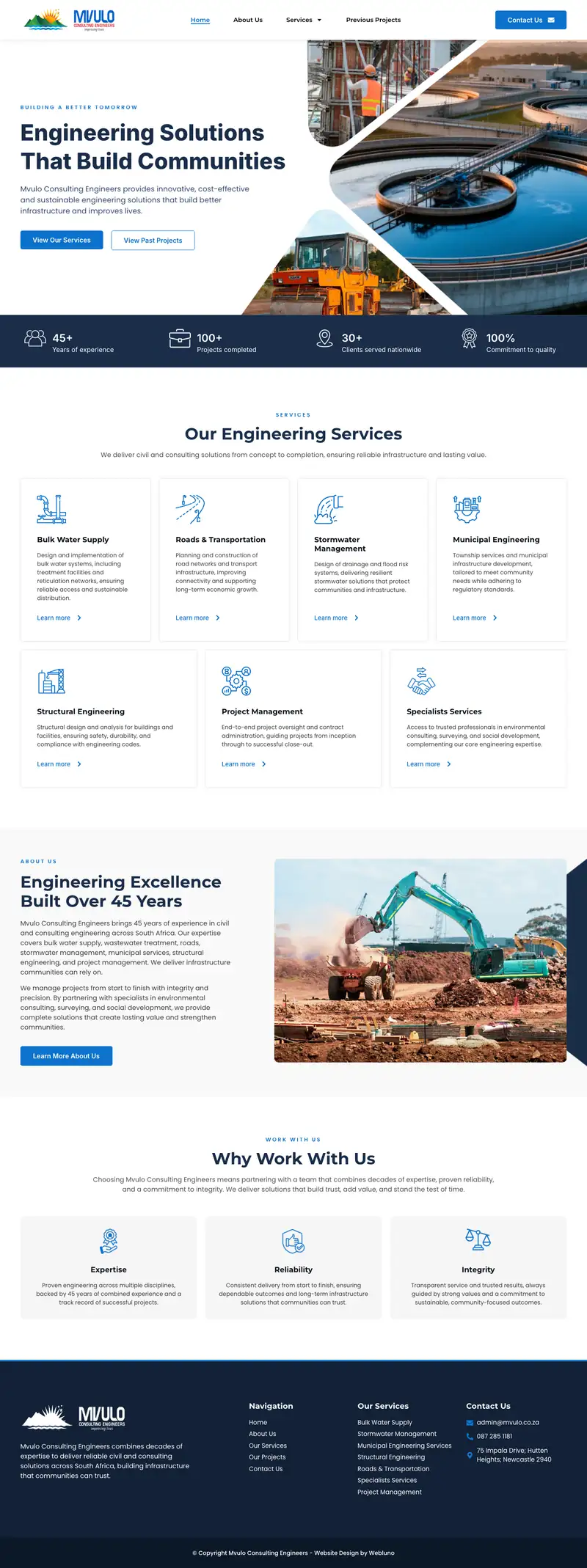 Mvulo Consulting Engineers website design, full page