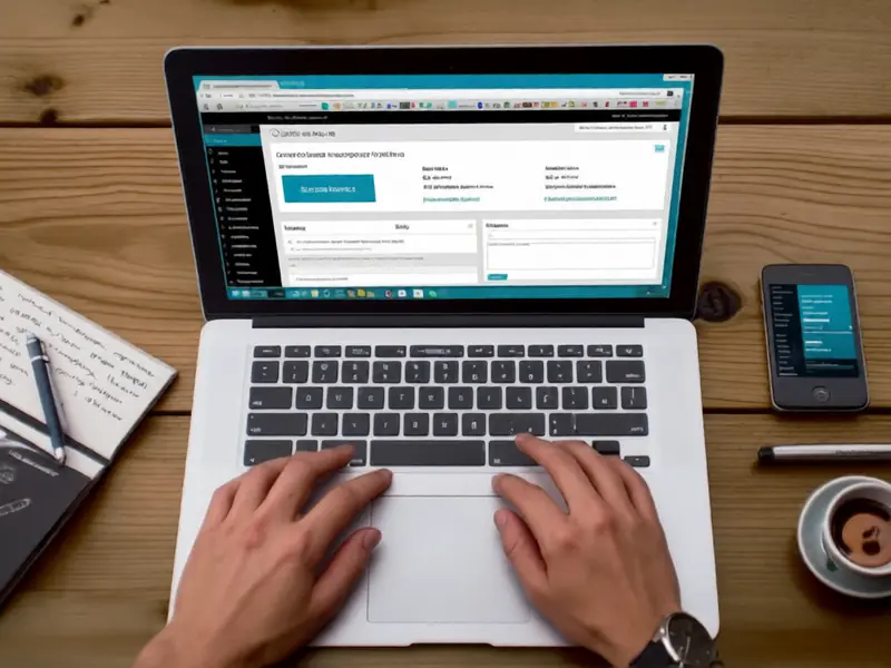 Hands typing on a laptop showing a WordPress dashboard, with a notebook, phone and coffee on a wooden desk